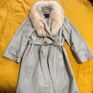 VTG grey leather fur trim coat
